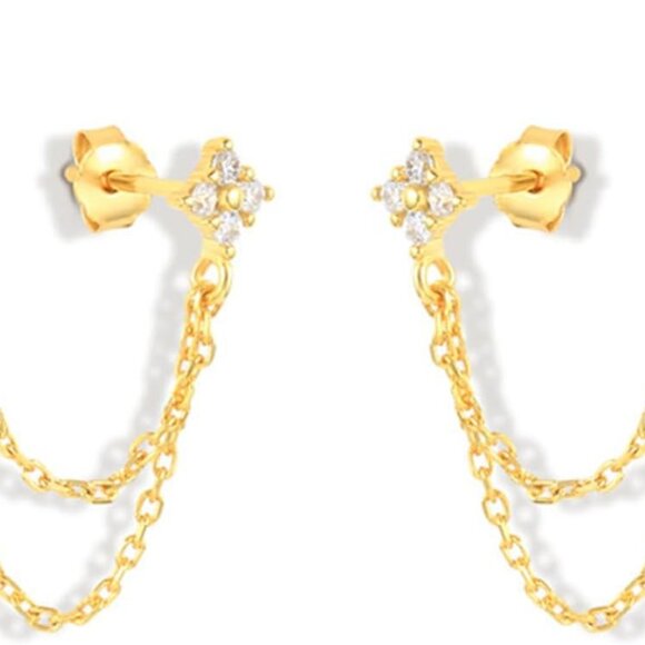 Gold dainty cartilage double piercing chain dangle cubic zirconia earrings for w - Picture 1 of 6